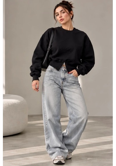 Bbbutikbasic Fermuar Detaylı Şardonlu 3 İplik Kadın Sweatshirt My3535 siyah