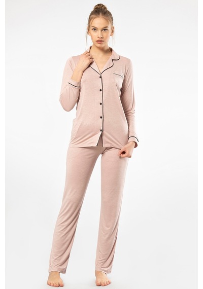 Türen 3365 Kadın Uzun Kollu Gömlek Yaka Pijama Takım-pudra Pudra