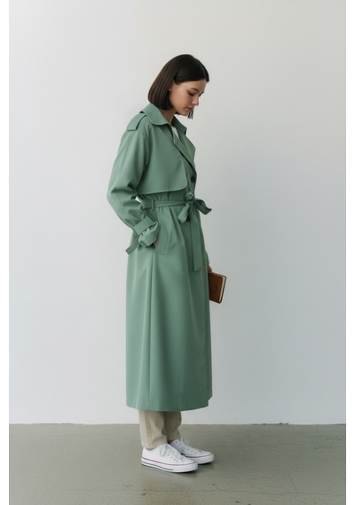 Durivya Kruvaze Yaka Oversize Trençkot Mint Yeşili