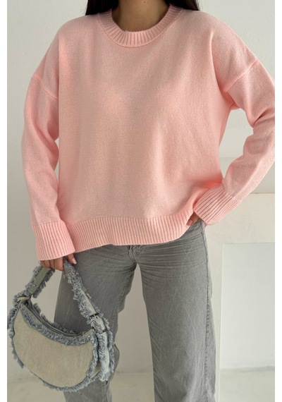 Femelle Kadın Pembe Standart Beden Oversize Basic Triko Kazak - 357bnd