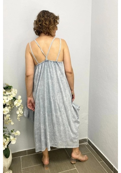 Mia Butik Büyük Beden Gri Pamuklu Şalvar Kesim Çiçekli Elbise Gri