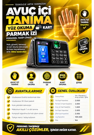 Linadex Lx-220315-m Avuç İçi Okuma-yüz Okuma-parmak İzi Okuma Ve Kartlı Personel Kontrol Cihazı -maaş Puantaj Yazılımı Ve 15 Kart Hediye
