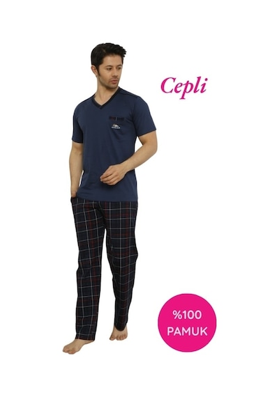 Erkek V Yaka Ekose Desen %100 Pamuk Kısa Kol Cepli Pijama Takımı İndigo