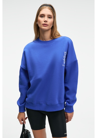 Grımelange AUDRA Kadın Oversize Yuvarlak Yaka Nakış Detaylı Mavi Sweatshirt