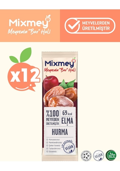 Mixmey Hurma Meyve Barı 12 Adet | Atıştırmalıklar – Vegan, Glutensiz, Koruyucusuz (20GR X 12 ADET)