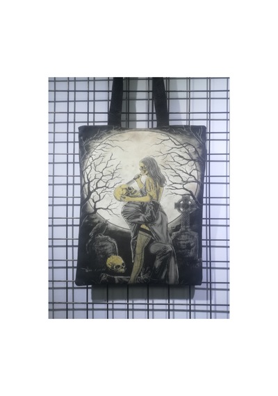 Owl Bag Gotik Tarz -aşk Intikam Desenli Tasarım Kumaş Omuz Çantası Siyah Beyaz