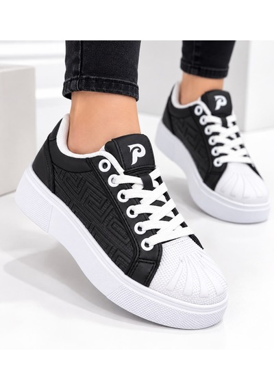 Papucumun Dünyası Poiz Unisex Kalın Tabanlı Retro Court Sneaker Beyaz - Siyah