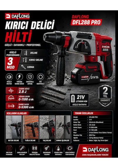 Daflong DFL288 Pro 6'lı Set - 4 Bataryalı Taşıma Çantalı 80NM Şarjlı Matkap + 600NM Torklu Bijon Sökme + Devir Ayarlı Taşlama + Kırıcı Delici Hilti + Sunta Kesme + Dekupaj Makinesi