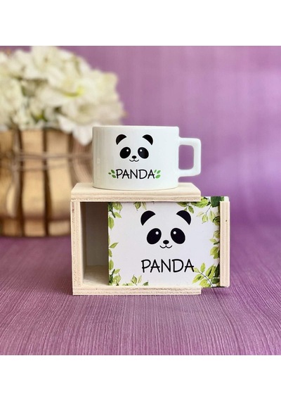 Ahşap Kutusunda Sevimli Panda Kupa Bardak Beyaz - Çok Renkli