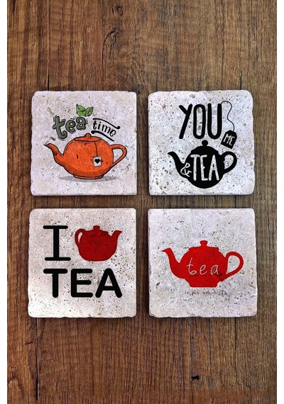 Doğal Taş Bardak Altlığı 10x10x1cm 4'lü Set - Çay Temalı Baskılı Stone Coasters Çok Renkli