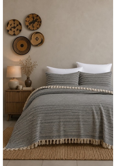 King Size Dokuma Pike Takımı 240x260 Cm 2 Yastık Kılıflı Saçak Detaylı Örtü Seti Lacivert