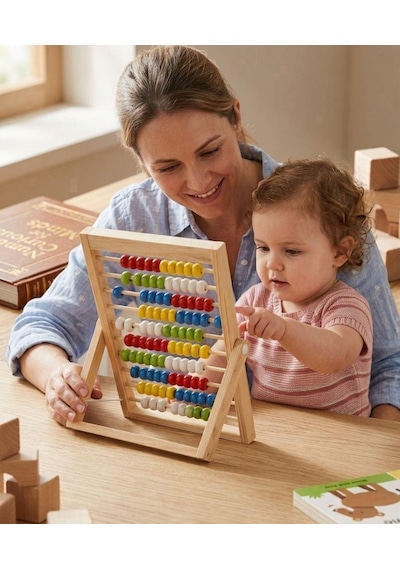 Ayaklı Ahşap Eğitici Sayı Sayma Abaküsü - Renkli Sayı Boncuklu Eğitici Matematik Oyuncağı 1