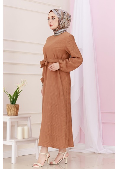 Sevitli Beli Kuşaklı Luna Tesettür Elbise-taba-4889 Taba
