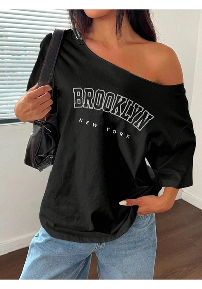 Startmore Startmore Büyük Beden Kayık Yaka Brooklyn Baskılı Oversize %100 Pamuk Siyah