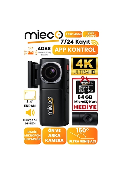 Mieco A7 4k Uhd Wifi Adas 150 Derece Ultra Geniş Açı Gece Görüşü Ön - Arka Araç Kamerası 2025 - Hafıza Kartı Hediyeli