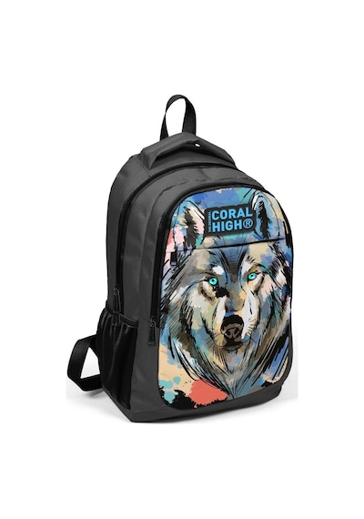 Coral High Kids Gri Siyah Kurt Desenli Üç Bölmeli Okul Sırt Çantası 14404