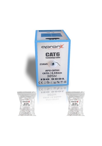 Apronx Cat6 23awg 305 Metre 0,50mm Gri Utp Kablo + 200 Adet Ez Jak