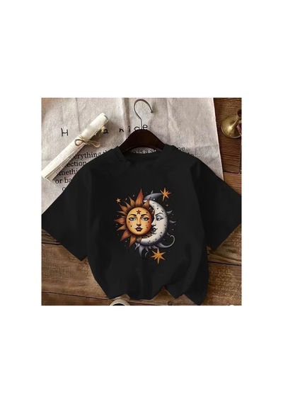 Herkesemoda Ay Ve Güneş Baskı Detaylı Basic T-shirt Siyah