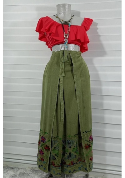 Eren Style Otantik Nakış İşlemeli Harem Şalvar Bulmaca Pantolon 103 Cm -8719 Açık Yeşil