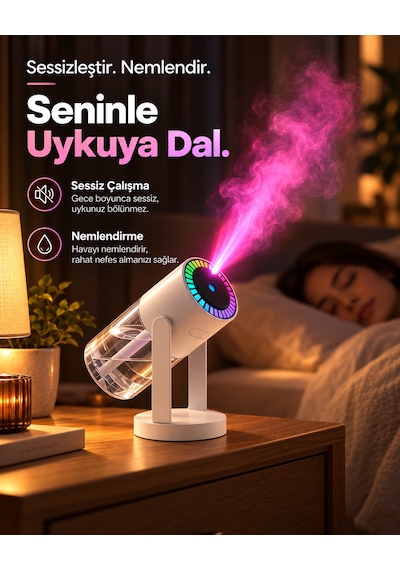 Yıldızlı Gökyüzü Projeksiyonlu Hava Nemlendirici Araç İçi Ofis Uyumlu Rgb Işıklı Döner Başlıklı Taşınabilir Buhar Makinesi 280 Ml