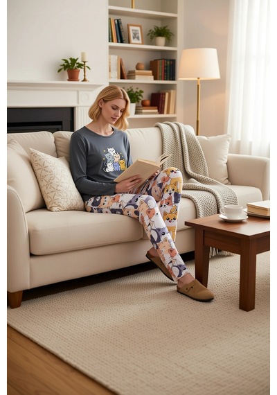 Benerly Kadın Bisiklet Yaka Standart Kol Regular Kalıp Pijama Takımı Kali Antrasit