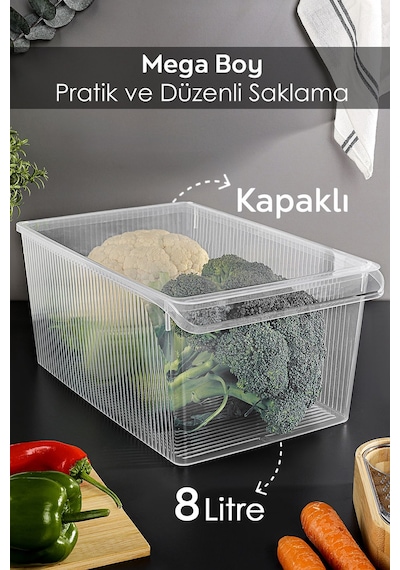 6 Adet Kapaklı Dolap İçi Buzdolabı Düzenleyici - Organizer Sepet Meyve Sebze Saklama Kabı 8 Lt Şeffaf
