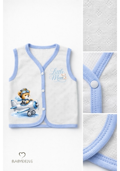 Babyden's Erkek Bebek 3 Lü Jakarlı Yelek Set Çıtçıtlı Bebek Yeleği Ayıcık Baskılı,pamuklu,yenidoğan Yelek Seti Ekru - Mavi