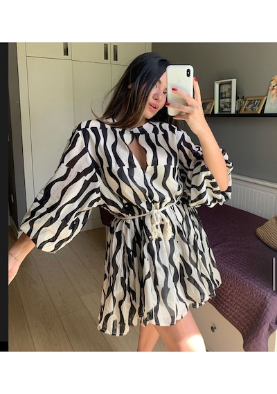 Lava Design Zebra Desenli Kemerli Zra Elbise siyah