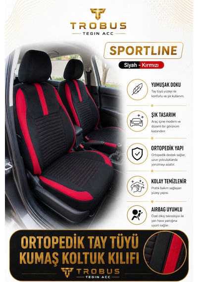 Honda Civic Fe Kasa 2021 Ve Sonrası Uyumlu Sportline Serisi Siyah Kırmızı Oto Koltuk Kılıfı