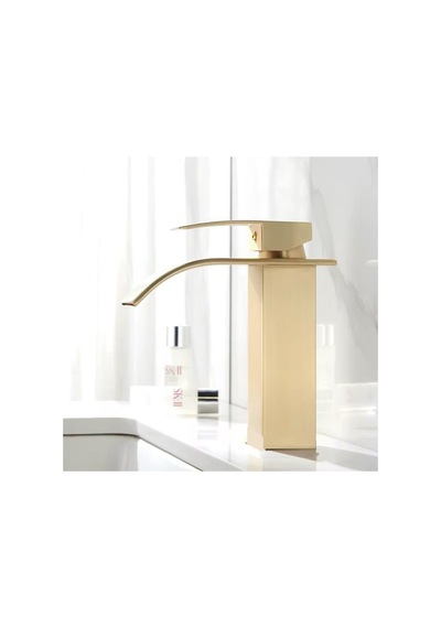 Rena Design Lavabo Bataryasi Mat Gold Şelale Kare Gövde Eğimli Havza Banyo Armatür Çift Giriş Musluk Lüks Ergo