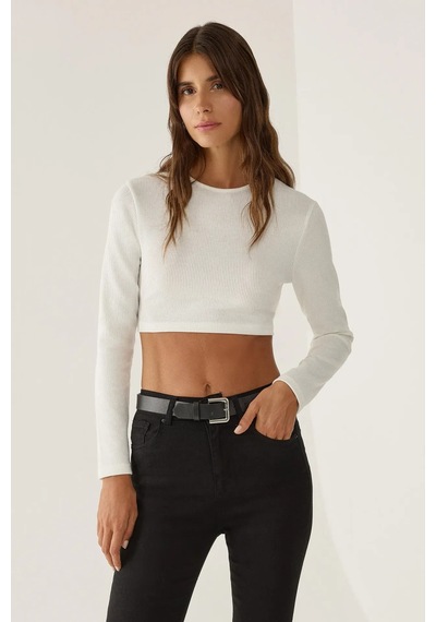 Hiccup Slim Fit Örme Crop Bluz Tozlu Beyaz