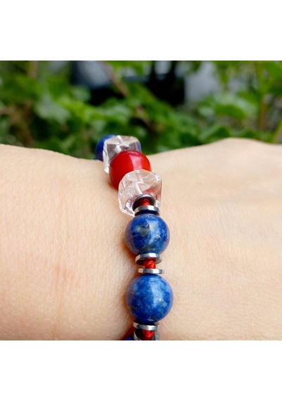 2752 Lapislazuli Mercan Kristal Kuvars Hematit Düğümlü El Yapımı Bileklik Kırmızı - Lacivert