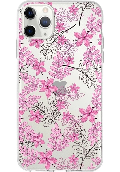 Apple Uyumlu iPhone 11 Pro  Kapak Floral Pembe Tasarımlı Şeffaf Silikon Kılıf