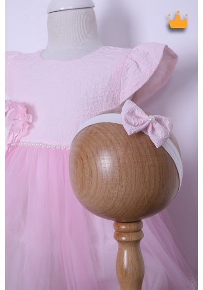 Babyhola 0-24 Ay Gofre Tül Etekli Kız Bebek Çocuk Abiye Bayramlık Elbise Saç Bandı Set Pembe 1007