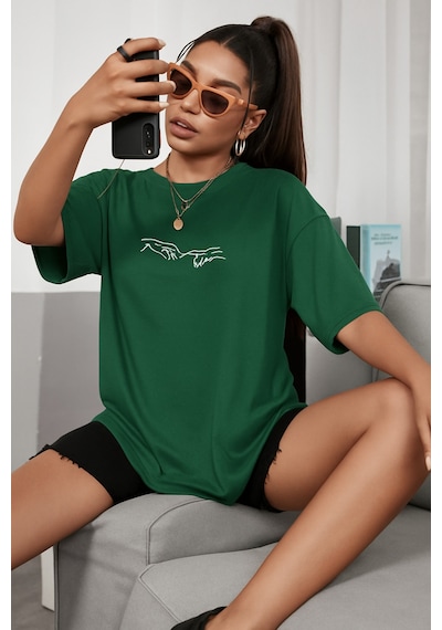 El Baskılı Oversize Beyaz T-shirt Yeşil