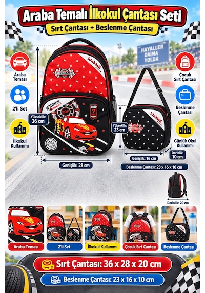 Speedy Car Araba İlkokul Okul Çantası Beslenme Çantası Sırt Çantası 2'li Set 36 X 28 X 20 Cm Çok Renkli