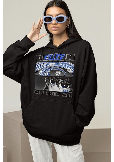 Demon Killer Baskılı Unisex Oversize Kill Them All Anime Hoodie Siyah