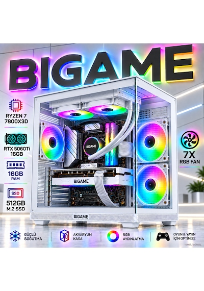Bigame Hyper-V1 R7-7800X3D 16 GB 512 GB M2 SSD 16 GB RTX5060Ti Free Dos Masaüstü Oyuncu Bilgisayarı