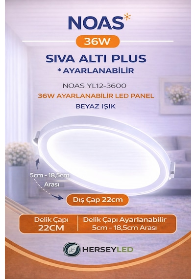 36w Sıva Altı Plus Ayarlanailir Led Panel Beyaz Noas Yl12-3600 Beyaz