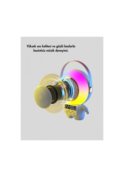 Renkli Işıklı Astronot Mini Bluetooth Speaker Ve Karaoke Mikrofon Çok Renkli Çok Renkli
