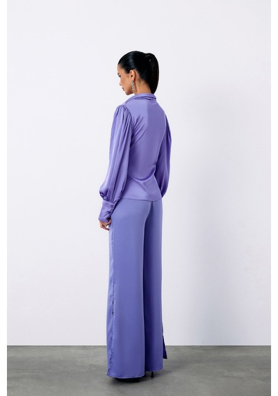 Sateen Broşlu Kruvaze Bluz - Lila-135118 Lila