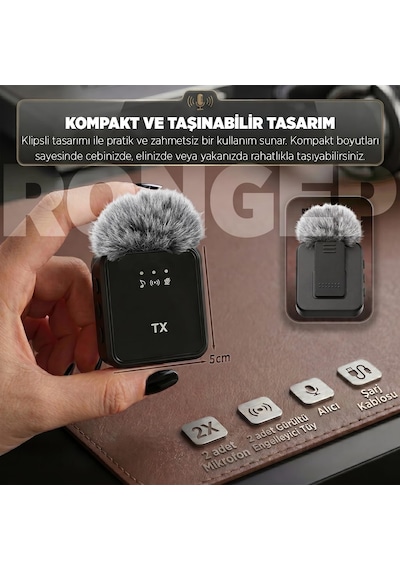 2'li Kablosuz Yaka Mikrofonu Apple Uyumlu iPhone/android Telefonlar/type-c Girişli Pc'ler İçin Type-c/ligh
