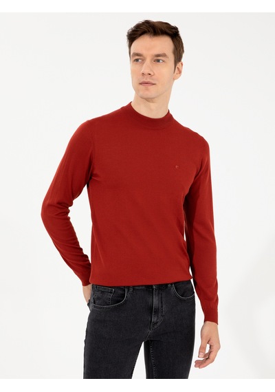 Cacharel Kiremit Slim Fit Çeyrek Balıkçı Yaka Basic Triko Kazak Kırmızı