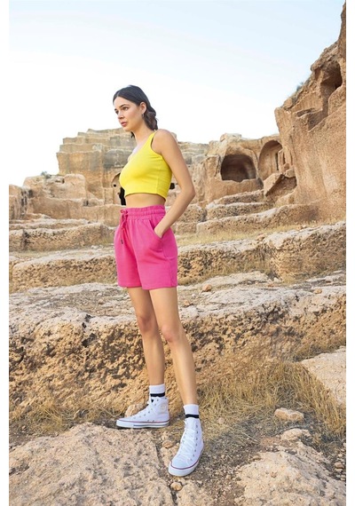 Monamise Kadın Kısa Kollu "calm Down" 3'lü Crop Şort Takımı 23088-pembe Pembe