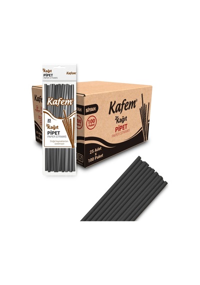 Kafem Siyah Kağıt Pipet 19,5cm 25li X 100 Paket Koli