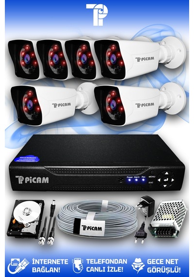 Picam 6 Kameralı Kare 6 Dış Kamera Set 320 GB HDD Full HD Gece Görüşlü Güvenlik Kamerası Sistemi