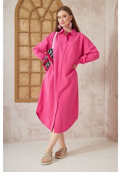 Yıldızistan Kadın Uzun Kol Poplin Cepli Oversize Günlük Spor Tunik Gömlek Elbise Fuşya Pembe 3555352
