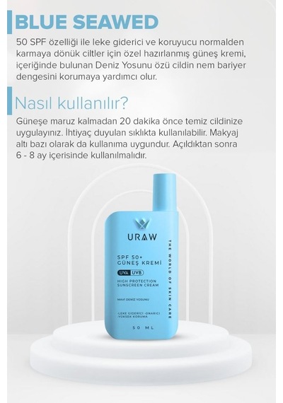 Uraw Deniz Yosunu Özlü Nemlendirici ve Ton Eşitleyici Güneş Kremi SPF50+ 50 ML