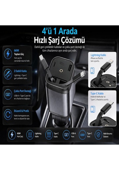 66w Hızlı Araç Şarj Cihazı 4 Ü 1 Arada Geri Çekilebilir Kablolu Type-c Lightning Usb Araç İçi Şarj Adaptörü 12v-24v