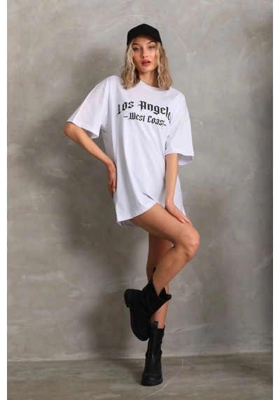 Freedom Storee Kadın Baskılı Tişört Kısa Kol Bisiklet Yaka Oversize T-shirt - Beyaz Çok Renkli